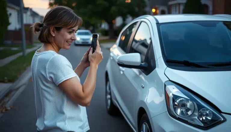 Woman photographing front-end damage on a parked white car after a hit-and-run