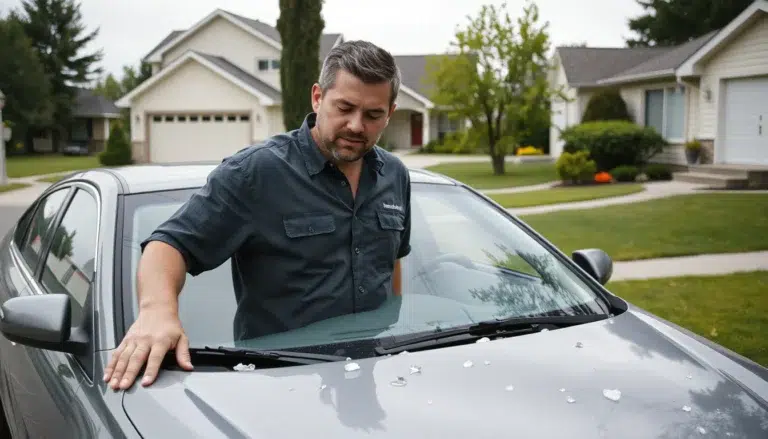 Man looking at small hail dents on the hood of a gray car in a suburban driveway