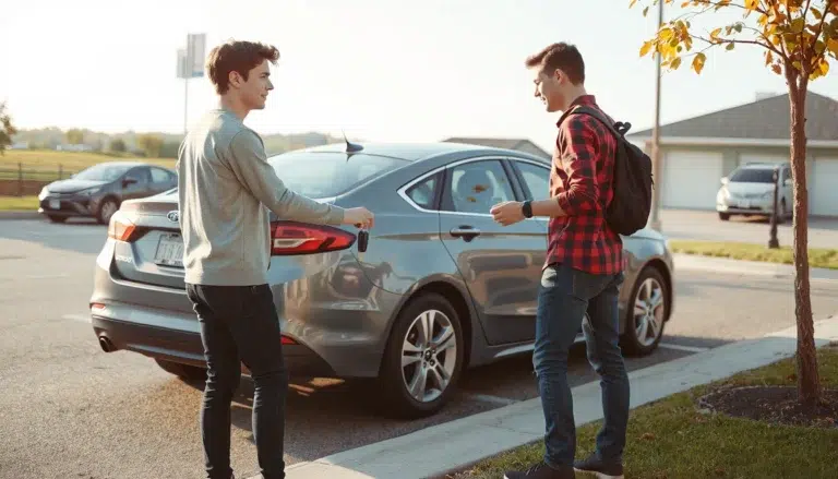 Two men with a set of car keys beside a parked gray sedan