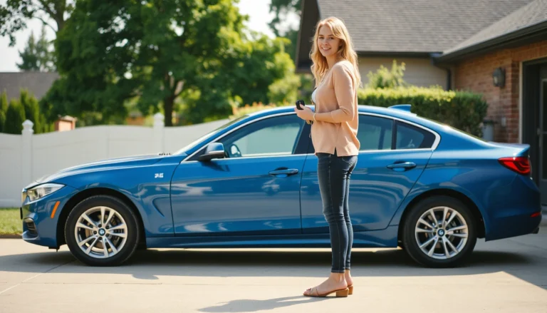 Woman holding car keys beside a parked sedan in a driveway