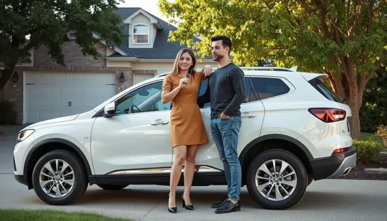 Couple standing beside a new white SUV in their driveway