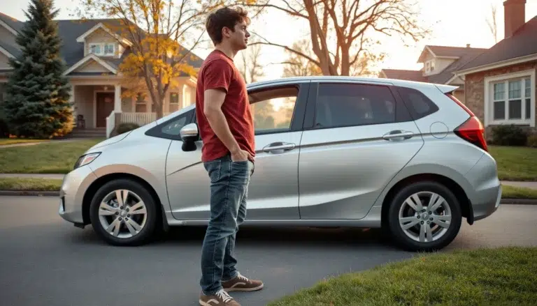 Young man standing beside a silver hatchback in a suburban driveway