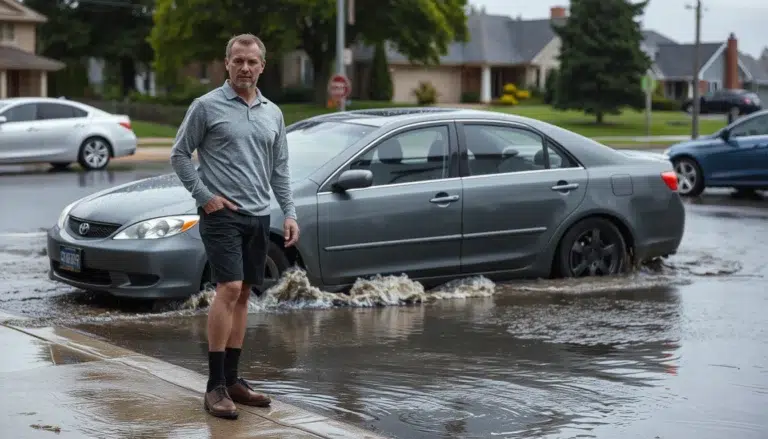 Man standing beside a sedan parked in shallow floodwater on a suburban street after heavy rain