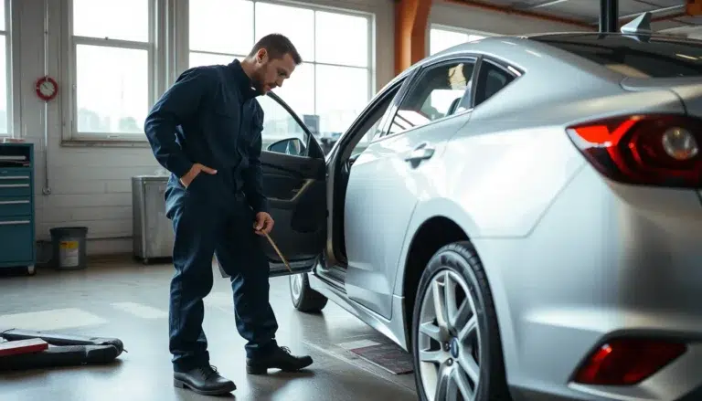 Mechanic assessing keyed door damage for a car insurance vandalism claim
