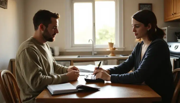Couple at a kitchen table working through car insurance deductible figures with a calculator and notebook