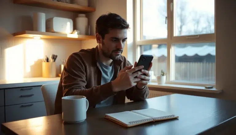 Man comparing car insurance quotes on a phone at a kitchen table with a coffee
