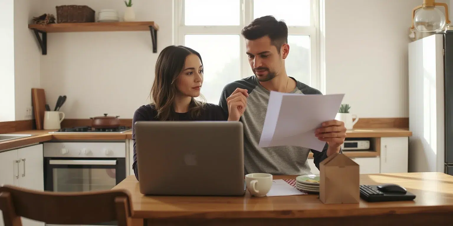 Couple reviewing insurance and loan paperwork at a kitchen table